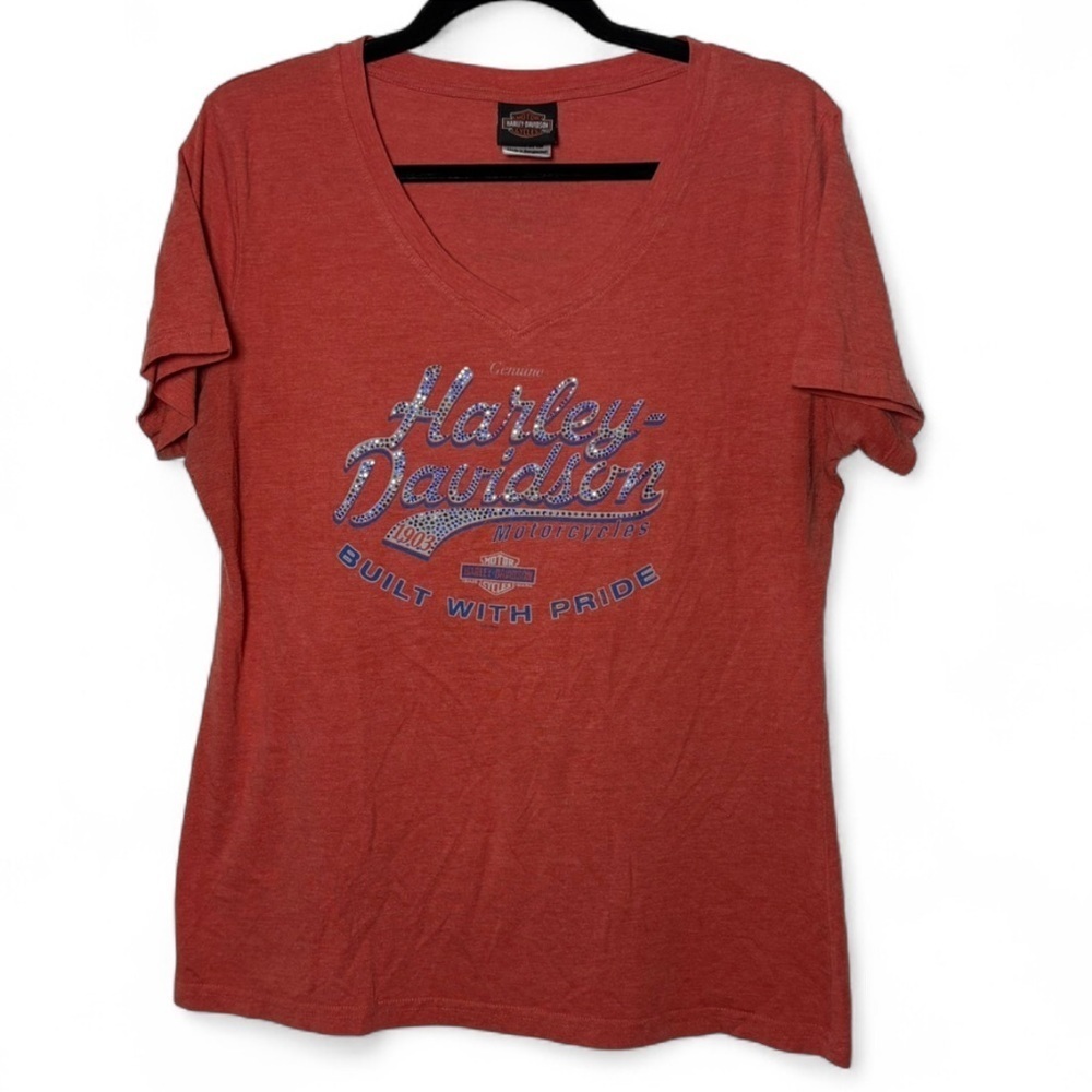 Harley-Davidson Rhinestone Graphic Tee Orange V-Neck XL